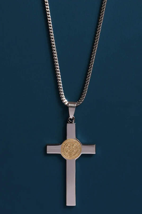 Large St Benedict Stainless Steel Cross Necklace 22" - Main Image Number 1 of 1