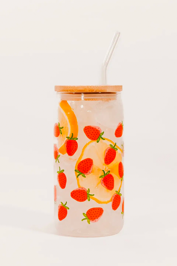 Strawberry 17oz Can Glass w/ Straw and Lid - Thumbnail Image Number 1 of 3
