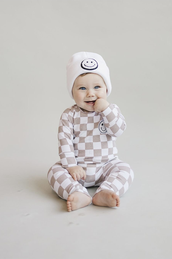 Checkered Smiley Lounge Set | Latte - Thumbnail Image Number 1 of 2