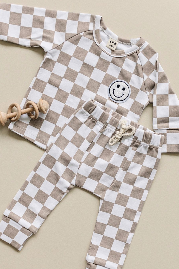 Checkered Smiley Lounge Set | Latte - Thumbnail Image Number 2 of 2