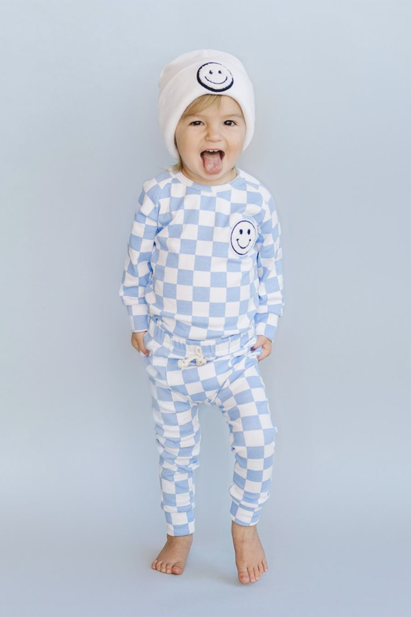 Checkered Smiley Lounge Set | Blue - Thumbnail Image Number 2 of 3
