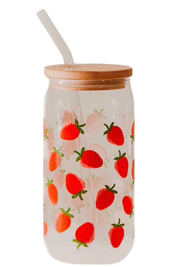 Strawberry 17oz Can Glass w/ Straw and Lid - Thumbnail Image Number 2 of 3