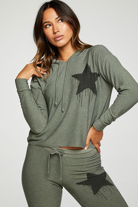 Recycled Black Star Crop Hoodie | Safari - Thumbnail Image Number 1 of 3