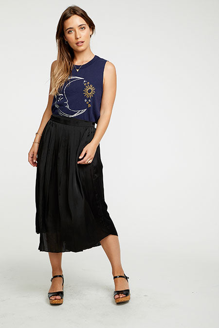 Silky Pleated Asymmetrical Midi Skirt | Black - Visual Media Number 1 of 1
