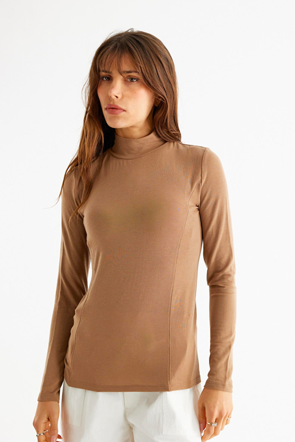 Mock Neck Long Sleeve Shirt | Khaki - Visual Media Number 1 of 2