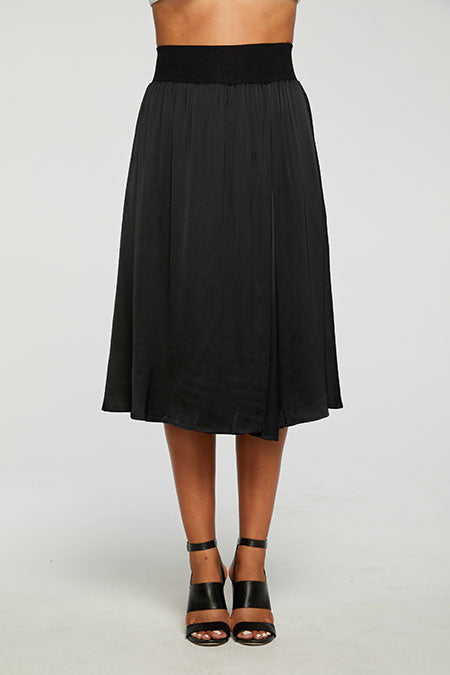 Silky Rib Waist Midi Skirt | True Black - Thumbnail Image Number 1 of 3