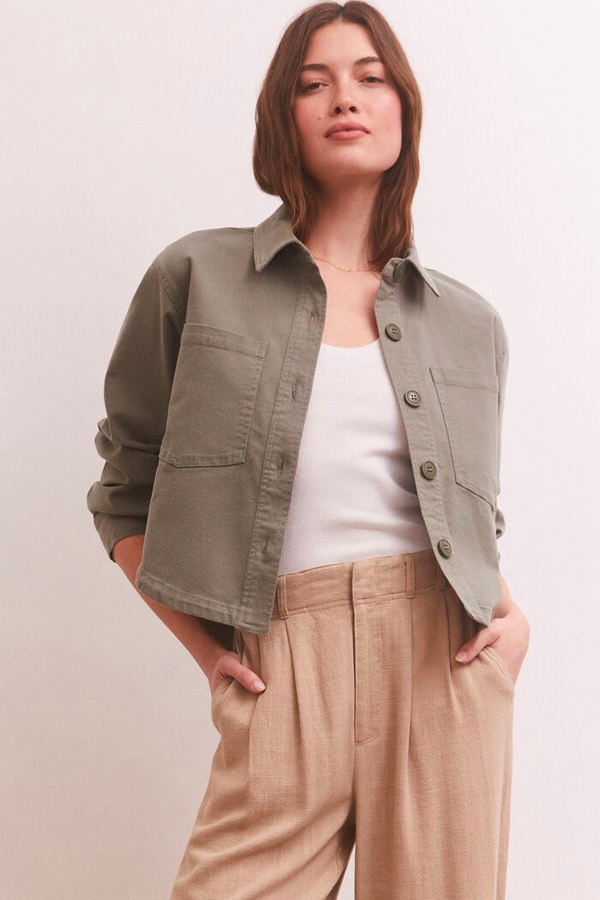 Cropped Twill Jacket | Evergreen - Thumbnail Image Number 1 of 4