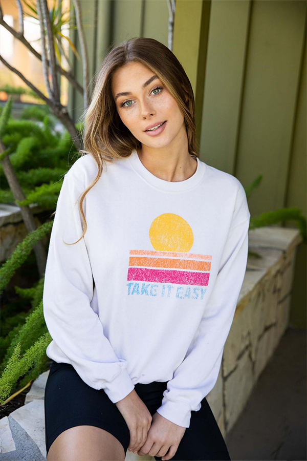 Take It Easy Distressed Sweatshirt | White - Visual Media Number 1 of 1