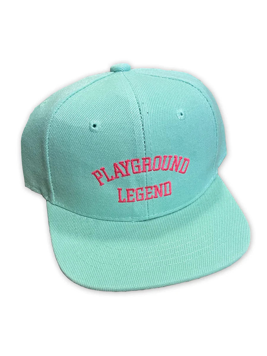 Youth teal hat with neon pink text "Playground Legend"