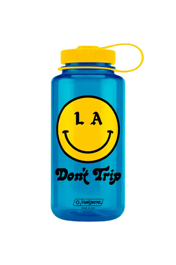 Blue and Yellow water bottle with the text "Dont Trip" and a smile face