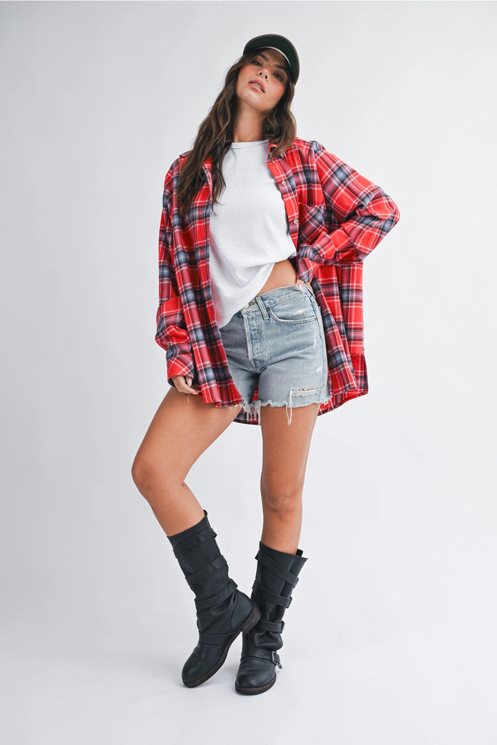 Oversized Plaid Button Down | Red - Thumbnail Image Number 1 of 2
