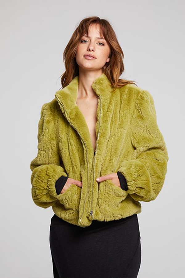 Sequin Faux Fur Coat | Green Olive - Main Image Number 1 of 1