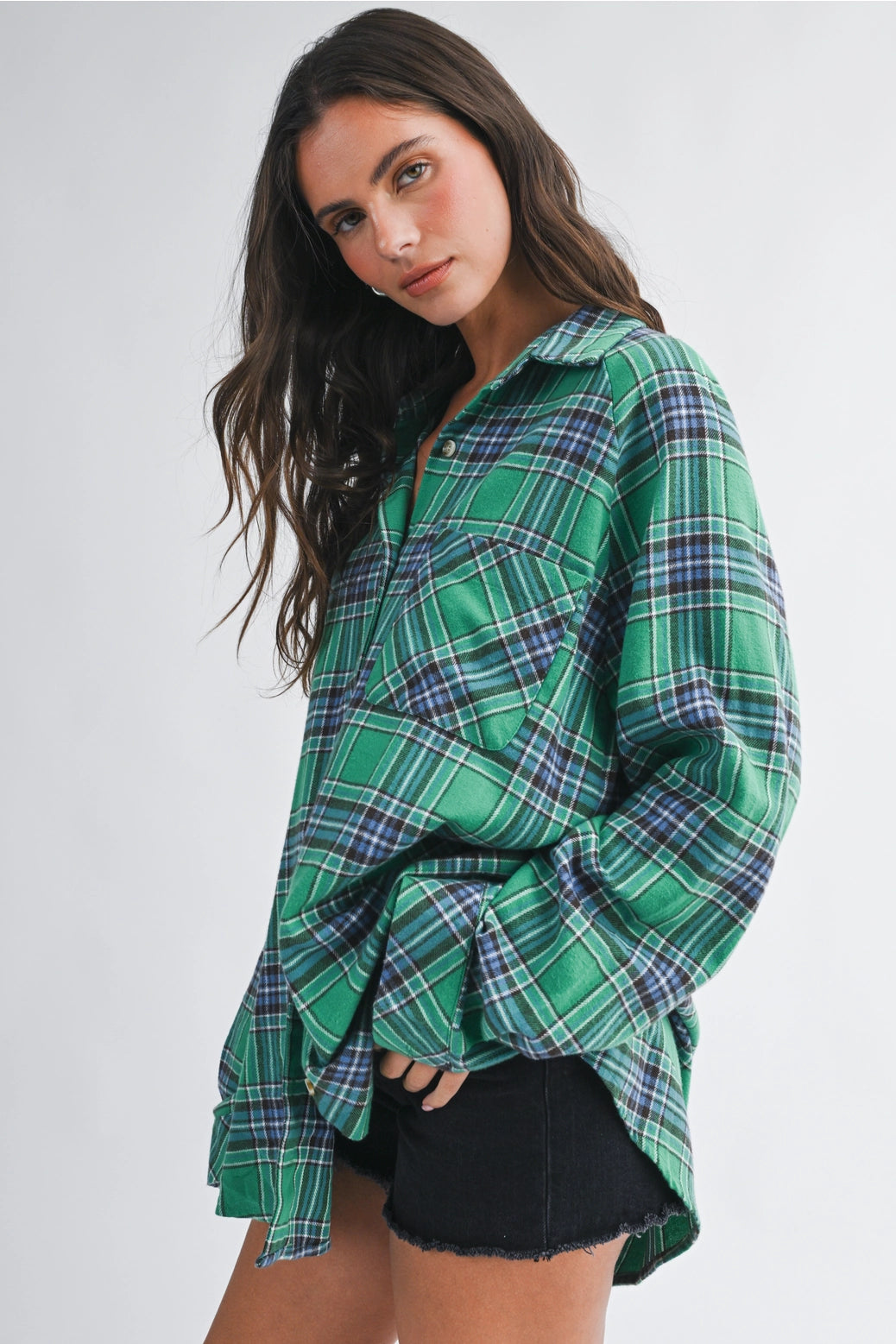 Oversized Plaid Button Down | Green - Visual Media Number 1 of 3