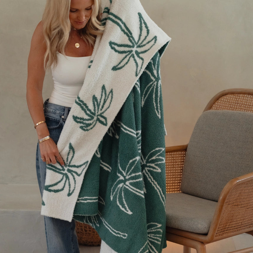 Palm Tree Luxe Home Blanket | Green & Cream - Visual Media Number 1 of 2
