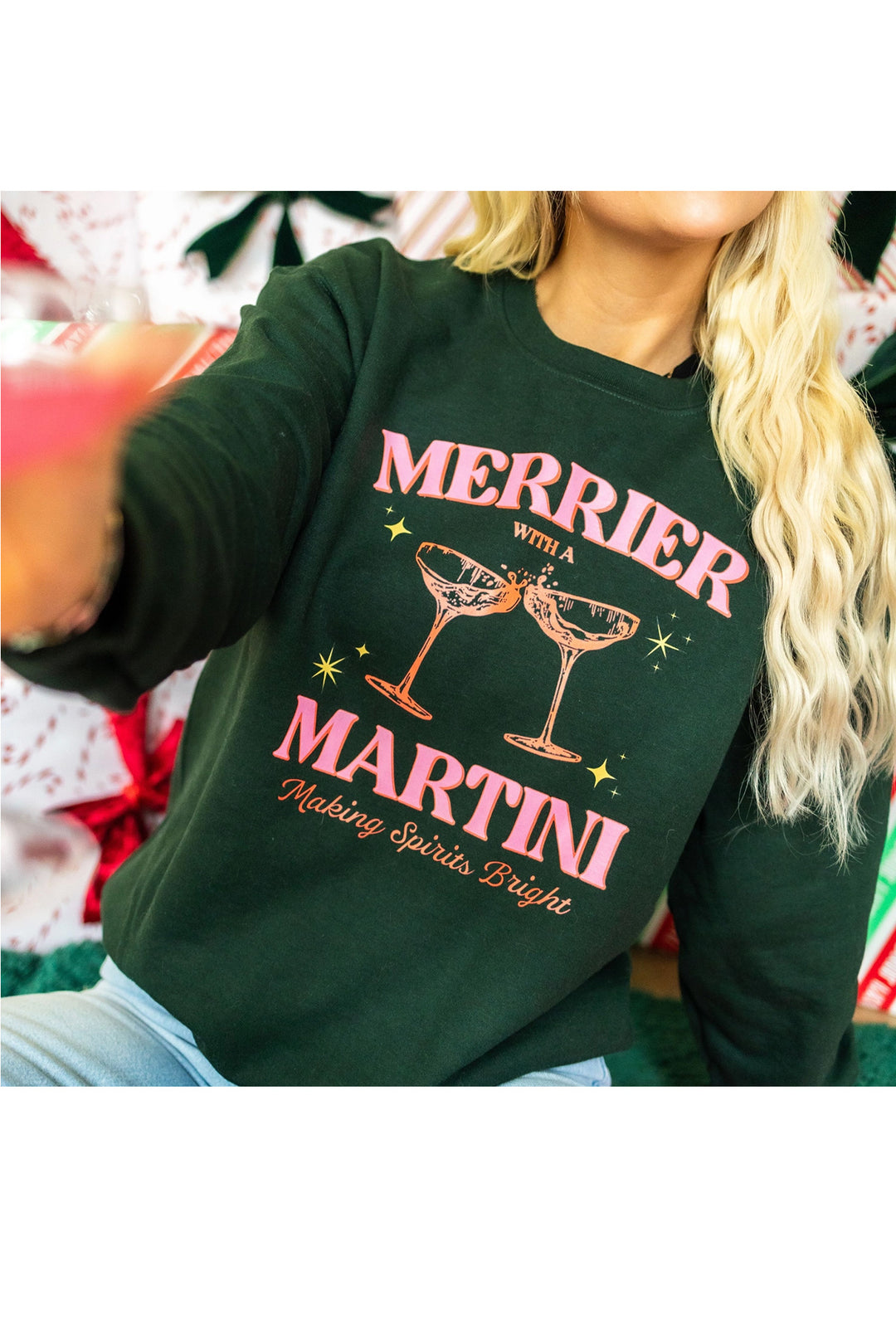 Christmas Sweatshirt, Merrier with A Martini | Forest - Visual Media Number 1 of 2