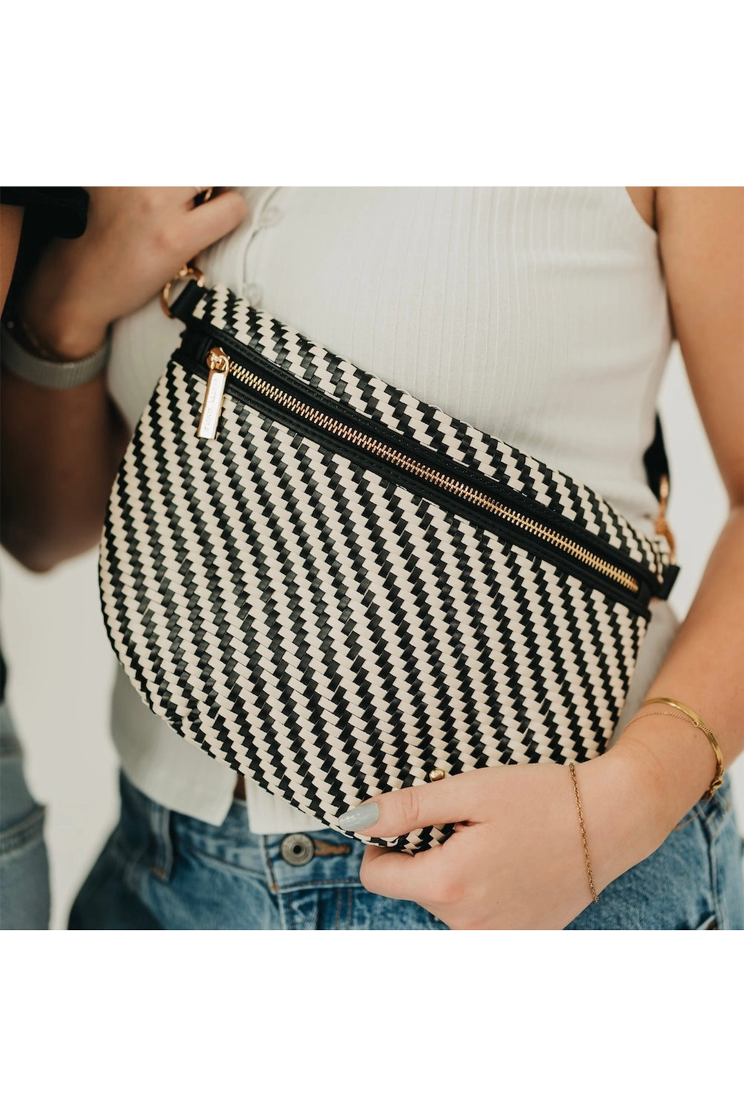 Diagonal Woven Westlyn Bum Bag | Two Tone Black/Cream - Visual Media Number 1 of 1