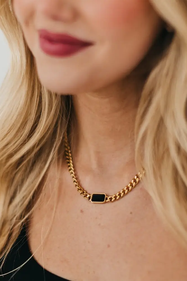 Black Stone Chain Necklace | Gold - Thumbnail Image Number 1 of 2
