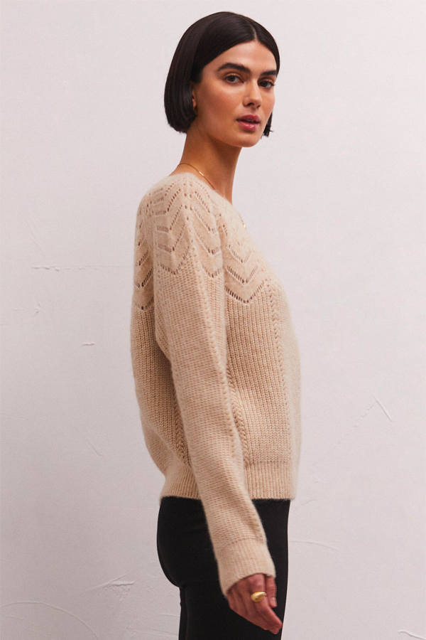 Sabine Pointelle Sweater | Light Oatmeal Heather - Thumbnail Image Number 4 of 4
