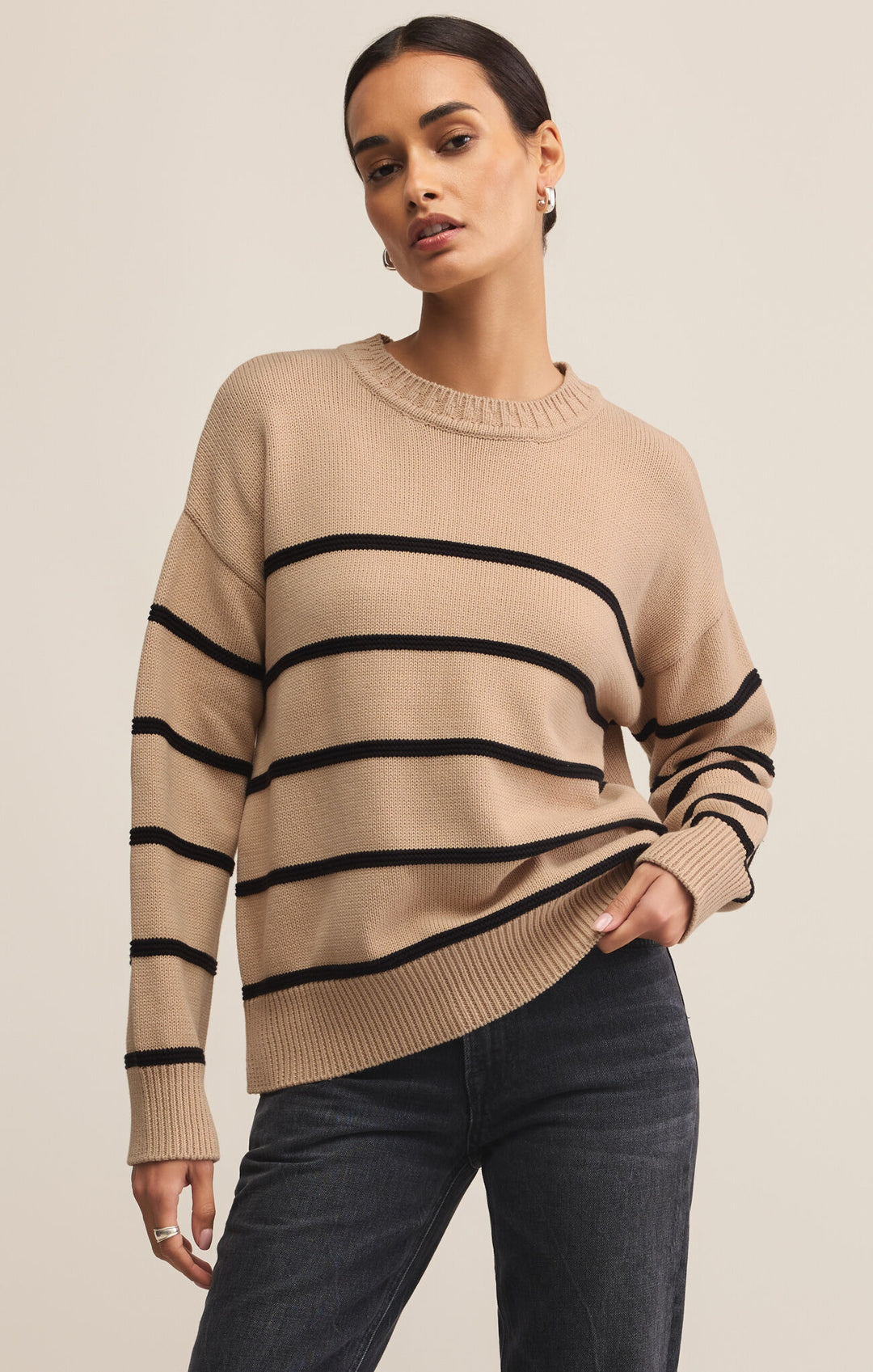 Boyfriend Striped Sweater | Heather Taupe - Visual Media Number 1 of 2