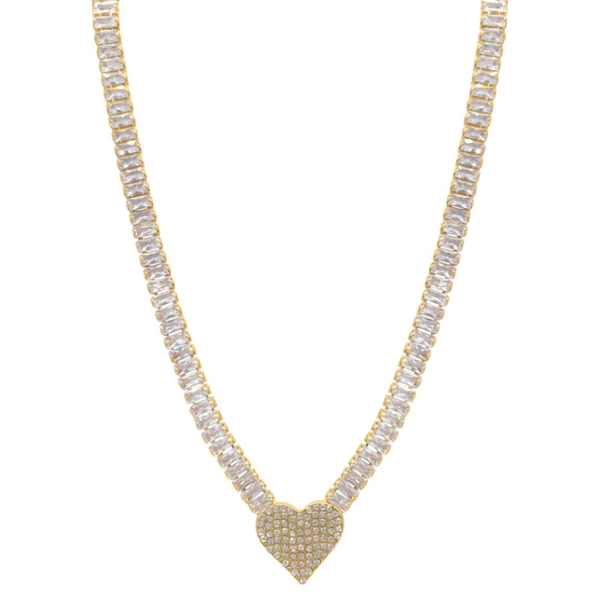 Baguette Tennis Necklace With Pave Heart Pendant | Gold - Visual Media Number 2 of 2