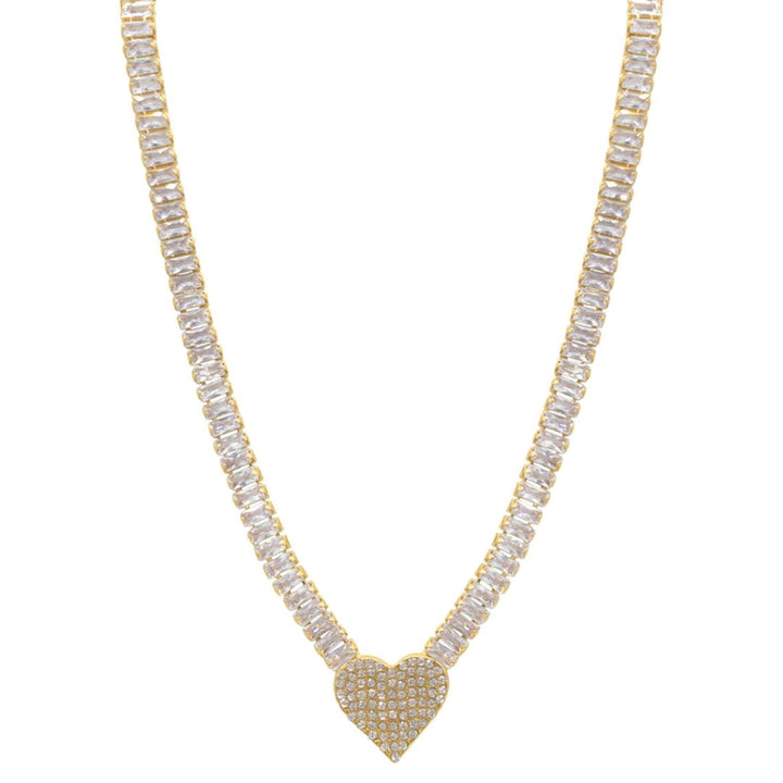 Baguette Tennis Necklace With Pave Heart Pendant | Gold - Thumbnail Image Number 2 of 2

