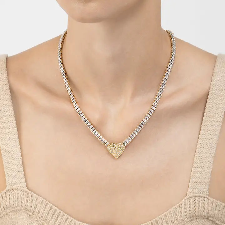 Baguette Tennis Necklace With Pave Heart Pendant | Gold - Thumbnail Image Number 1 of 2
