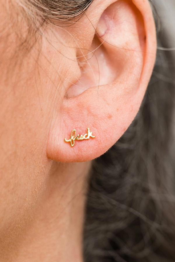 Fuck Script Stud Earrings | Gold - Visual Media Number 1 of 2