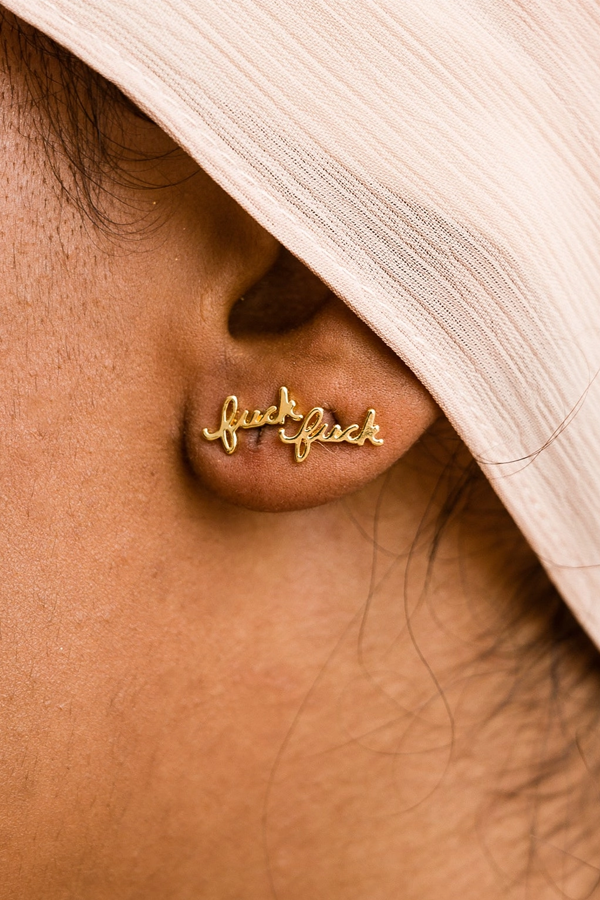 Fuck Script Stud Earrings | Gold - Visual Media Number 2 of 2