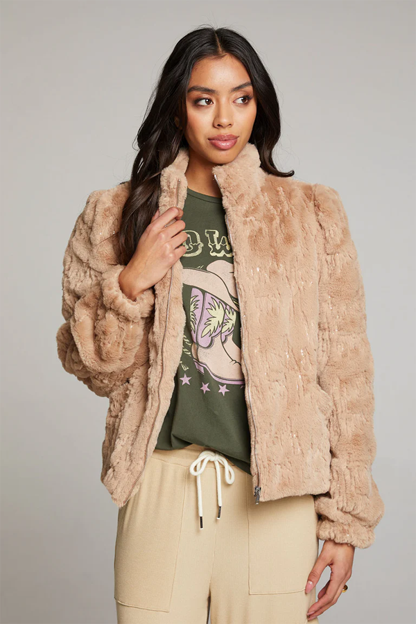 Sequin Faux Fur Coat | Cappuccino - Thumbnail Image Number 1 of 3
