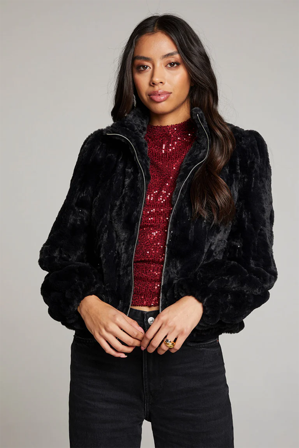 Sequin Faux Fur Coat | Licorice - Visual Media Number 1 of 3