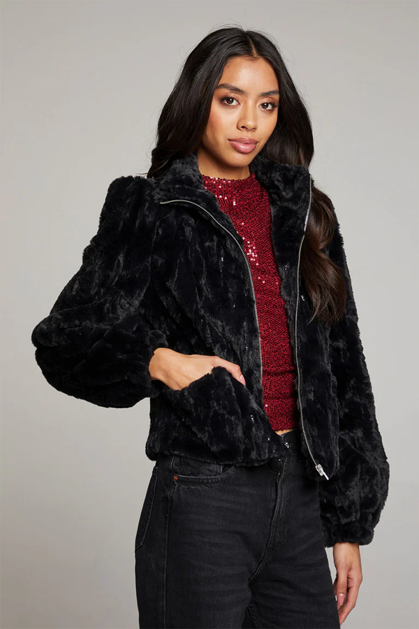 Sequin Faux Fur Coat | Licorice - Visual Media Number 2 of 3