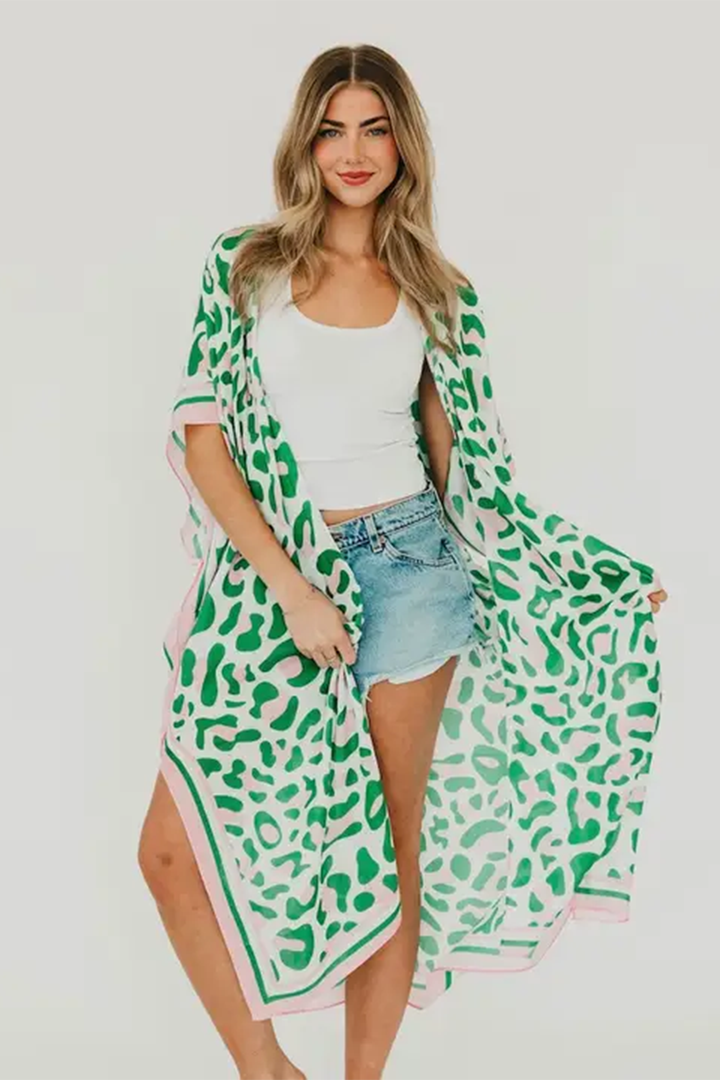 Lena Leopard Kimono | Green - Thumbnail Image Number 1 of 2
