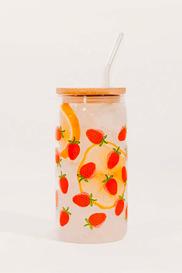 Strawberry 17oz Can Glass w/ Straw and Lid - Visual Media Number 1 of 3