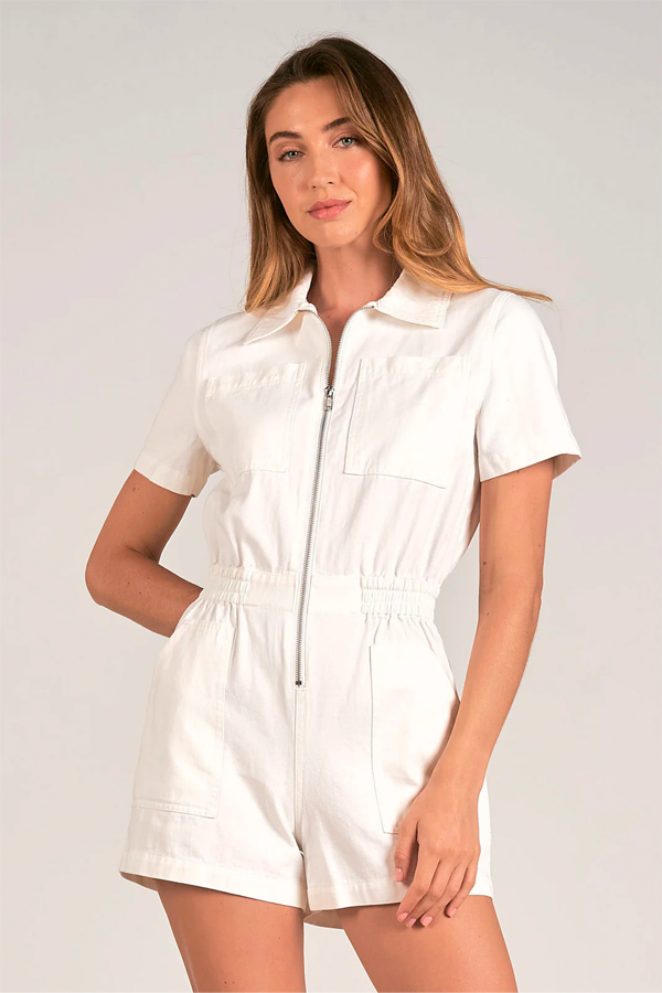 Kelly Denim Romper | White - Thumbnail Image Number 1 of 3
