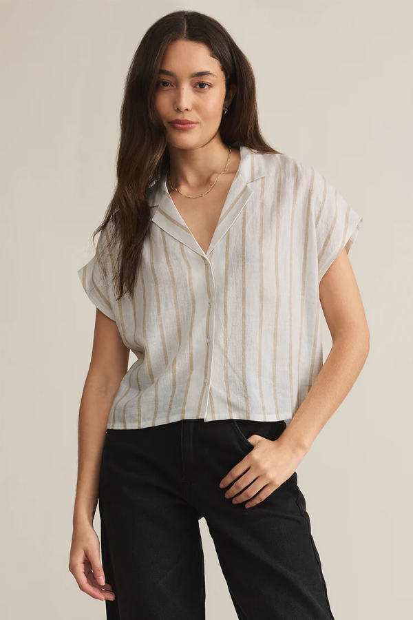 Parallel Striped Linen Top | Cement - Thumbnail Image Number 1 of 3
