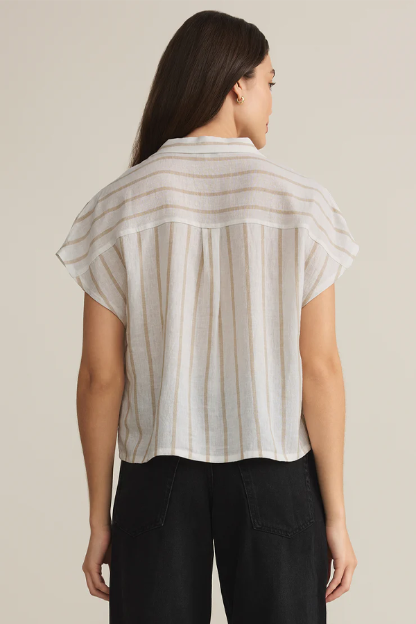 Parallel Striped Linen Top | Cement - Thumbnail Image Number 2 of 3
