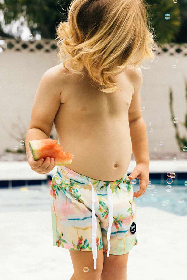 Pastel Palmy Boys Swim Short | Blue - Thumbnail Image Number 1 of 4
