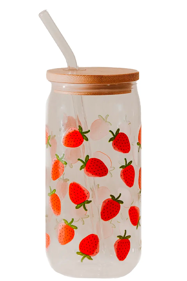 Strawberry 17oz Can Glass w/ Straw and Lid - Visual Media Number 2 of 3