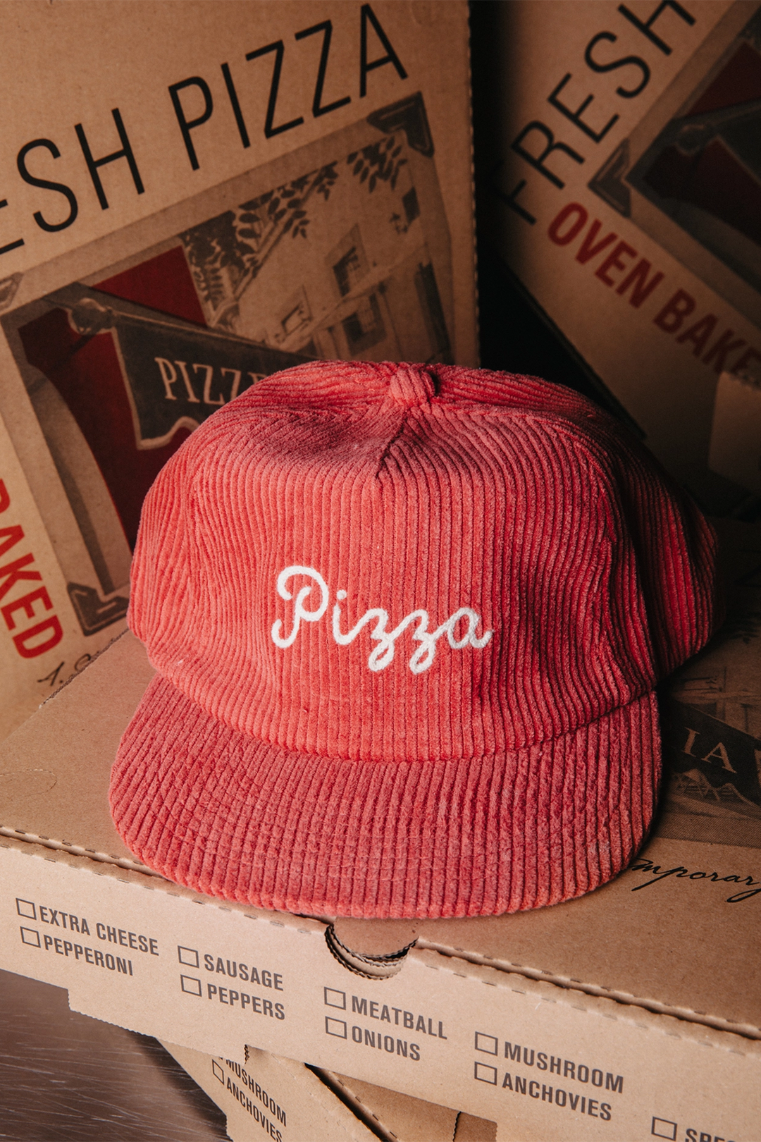 Pizza Chainstitch Corduroy Hat | Red - Visual Media Number 1 of 1