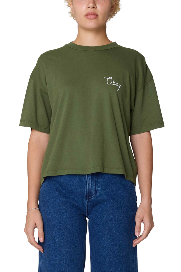 Obey Scripty Cities Tee | Bronze Green - Thumbnail Image Number 1 of 2
