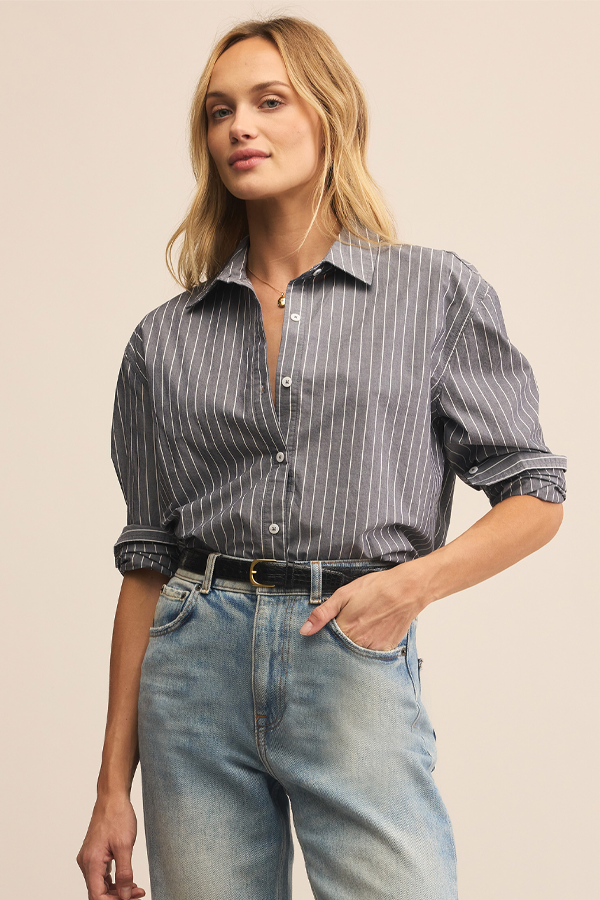 Seaport Striped Poplin Shirt | Washed Grey - Visual Media Number 1 of 1