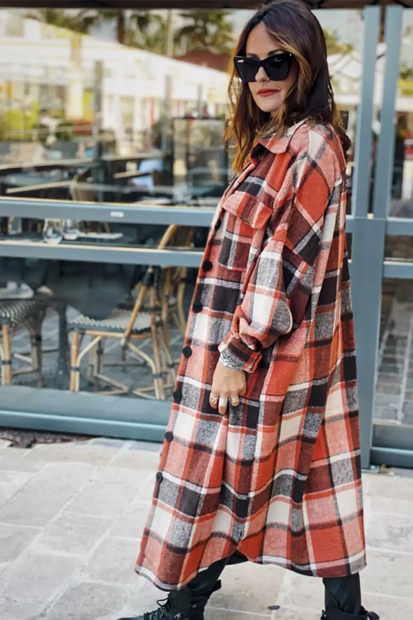 Plaid Flannel Maxi Jacket | Orange - Visual Media Number 2 of 2