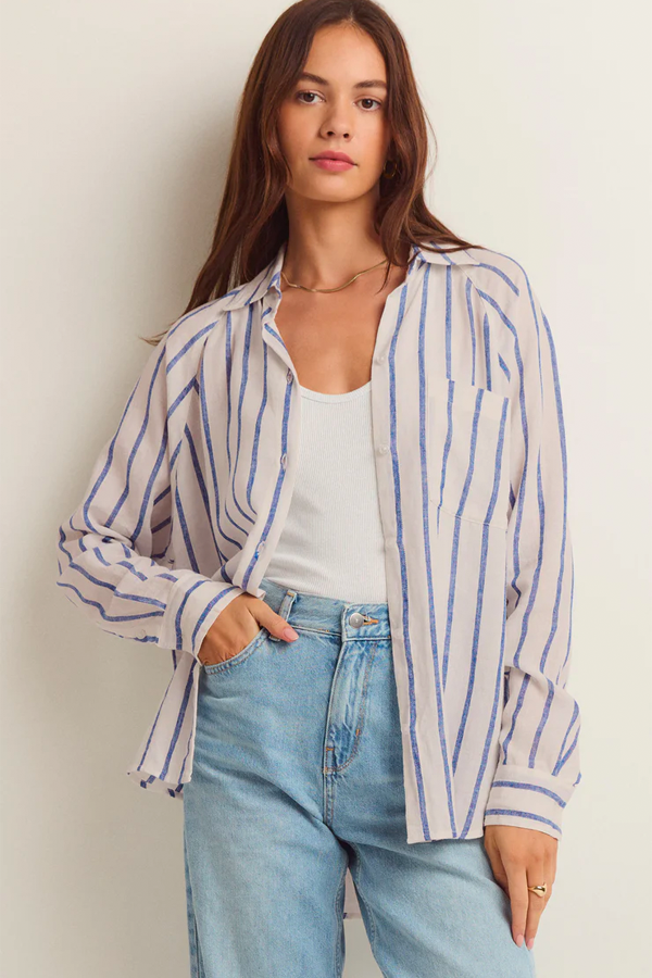 Perfect Linen Stripe Top | Palace Blue - Main Image Number 2 of 4