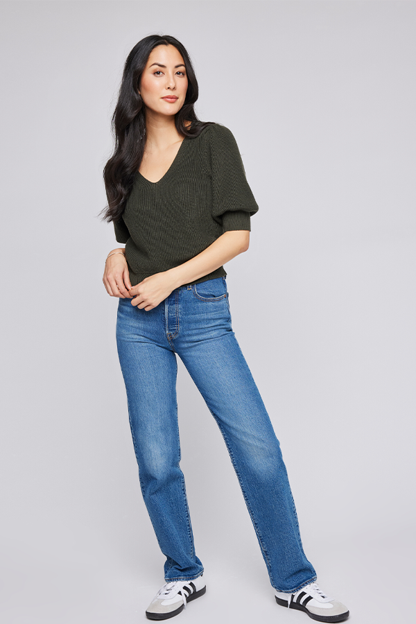 Phoebe V Neck Sweater | Olive - Thumbnail Image Number 3 of 4
