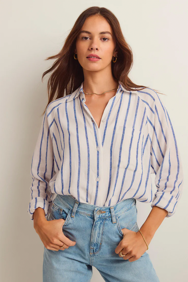 Perfect Linen Stripe Top | Palace Blue - Main Image Number 4 of 4