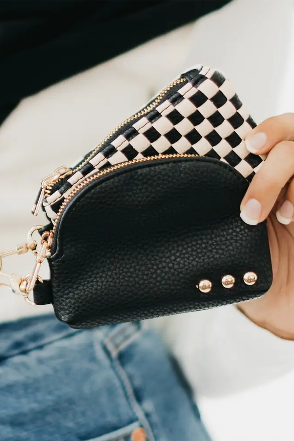 Wonderlust Woven Dual Pouch Wristlet | Black Checkered - Visual Media Number 1 of 3