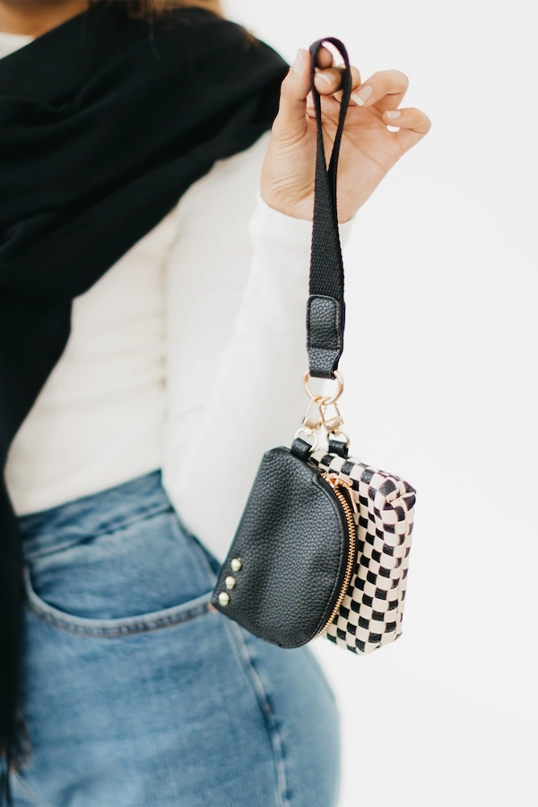 Wonderlust Woven Dual Pouch Wristlet | Black Checkered - Visual Media Number 3 of 3