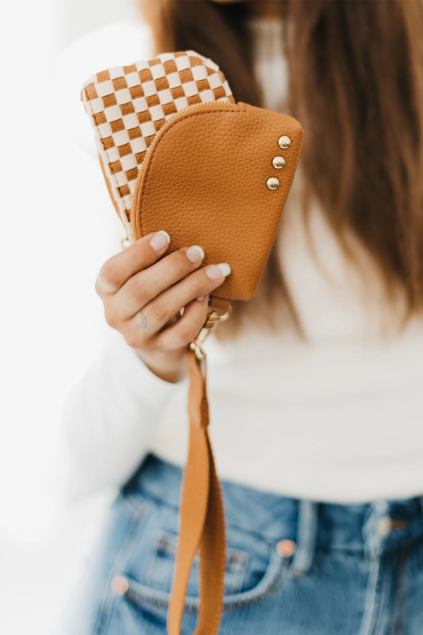 Wonderlust Woven Dual Pouch Wristlet | Tan Checkered - Visual Media Number 2 of 2