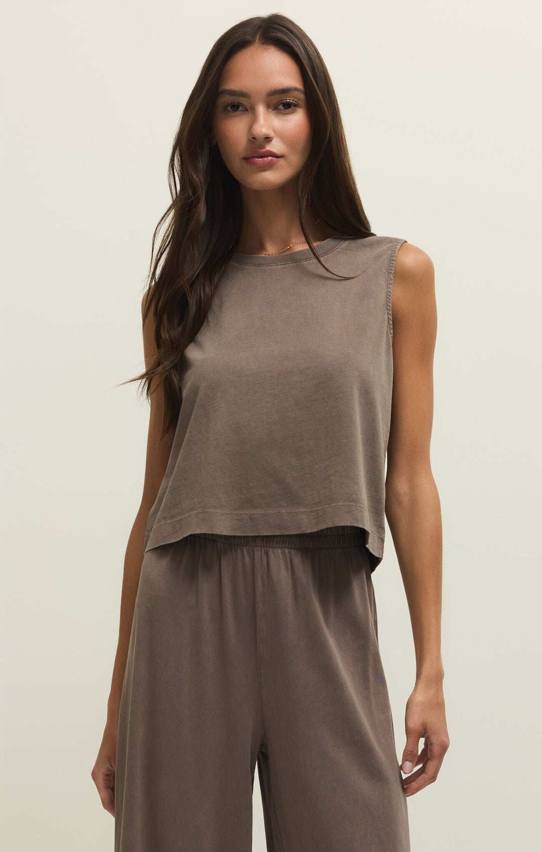 Sloane Jersey Muscle Tank | Taupe - Visual Media Number 1 of 2