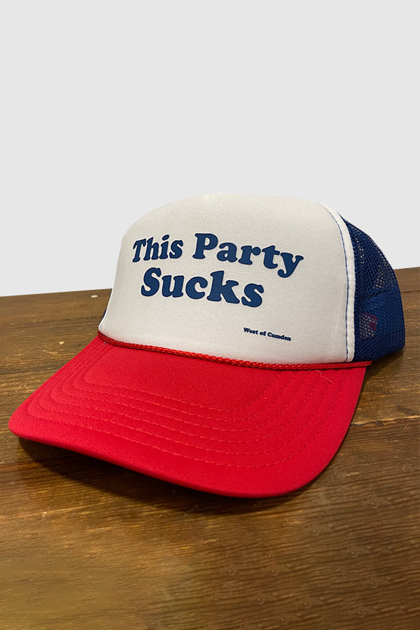 This Party Sucks Curved Trucker | Red, White, Blue - Main Image Number 1 of 1